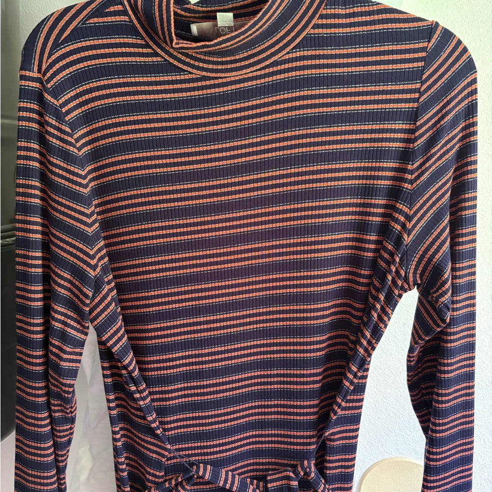 LOFT Navy and Orange Striped Long Sleeve Dress